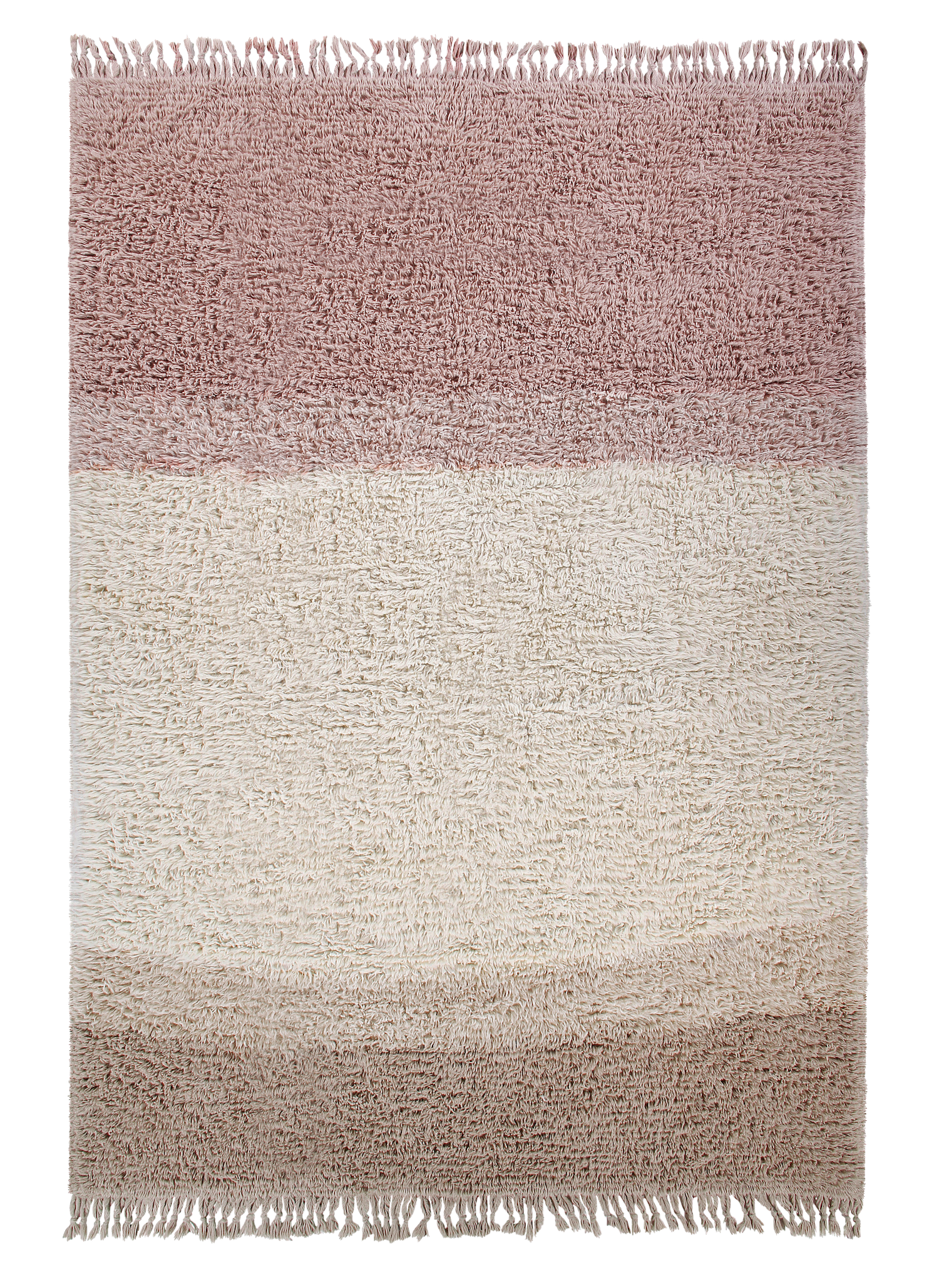 Woolable Rug Sounds of Summer. A soft, washable area rug with dusty rose ombre effect and fray tassel edges, suggesting a hint of the warm summer light. 