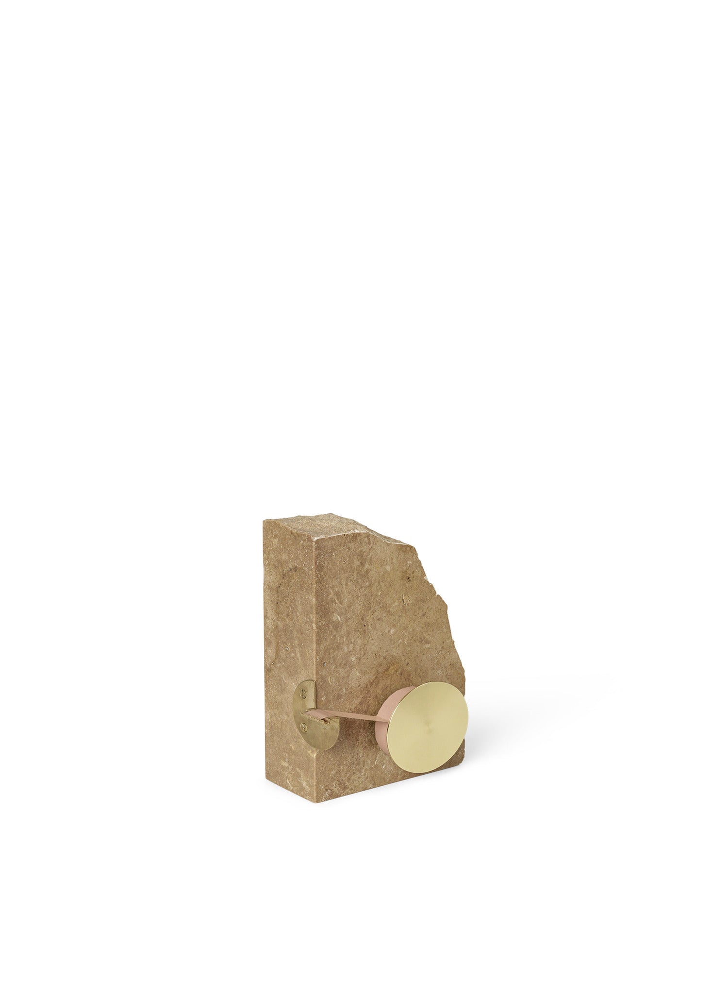 Klint Tape Dispenser. An elevated office accessory with a base made from travertine stone and functional tape dispenser features made of brushed brass. 