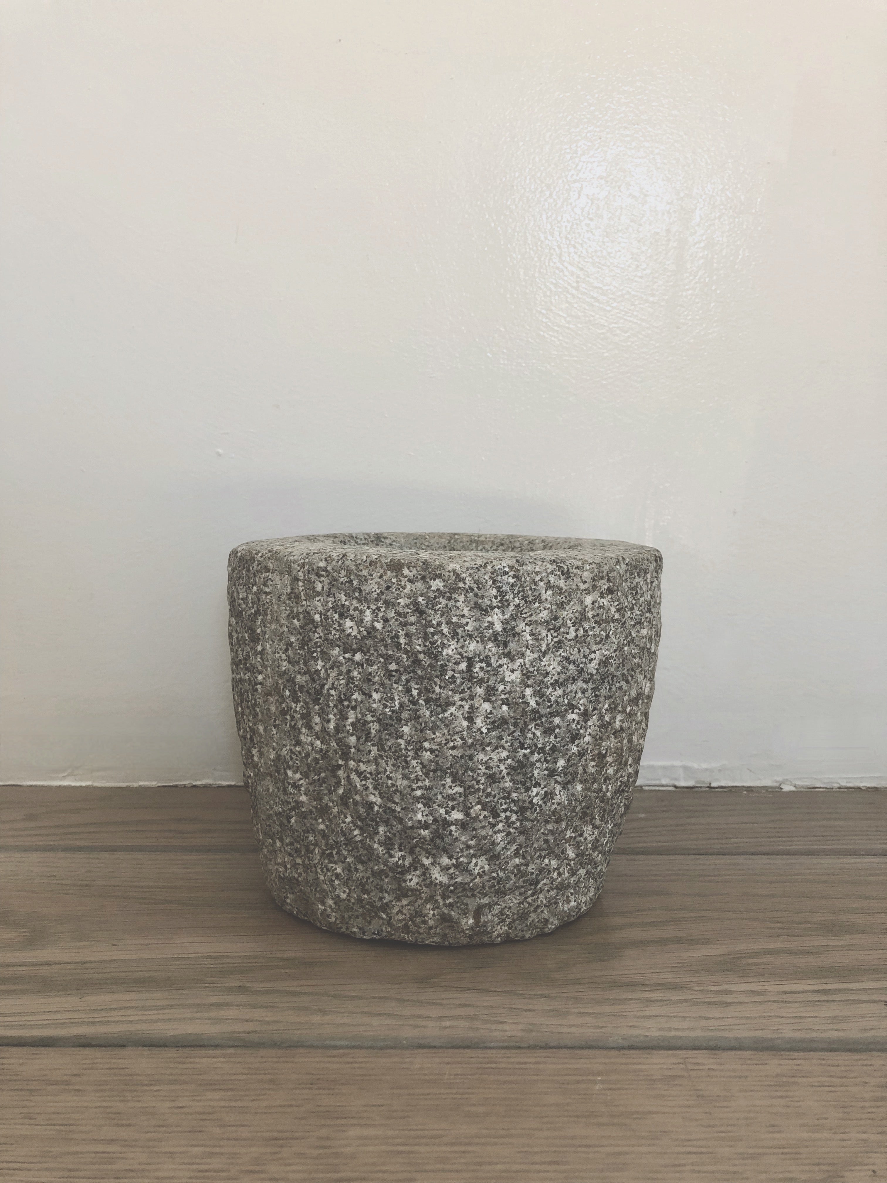 Vintage Swedish mortar with shallow pitch in aged light grey stone. Beautiful decorative object for the kitchen.