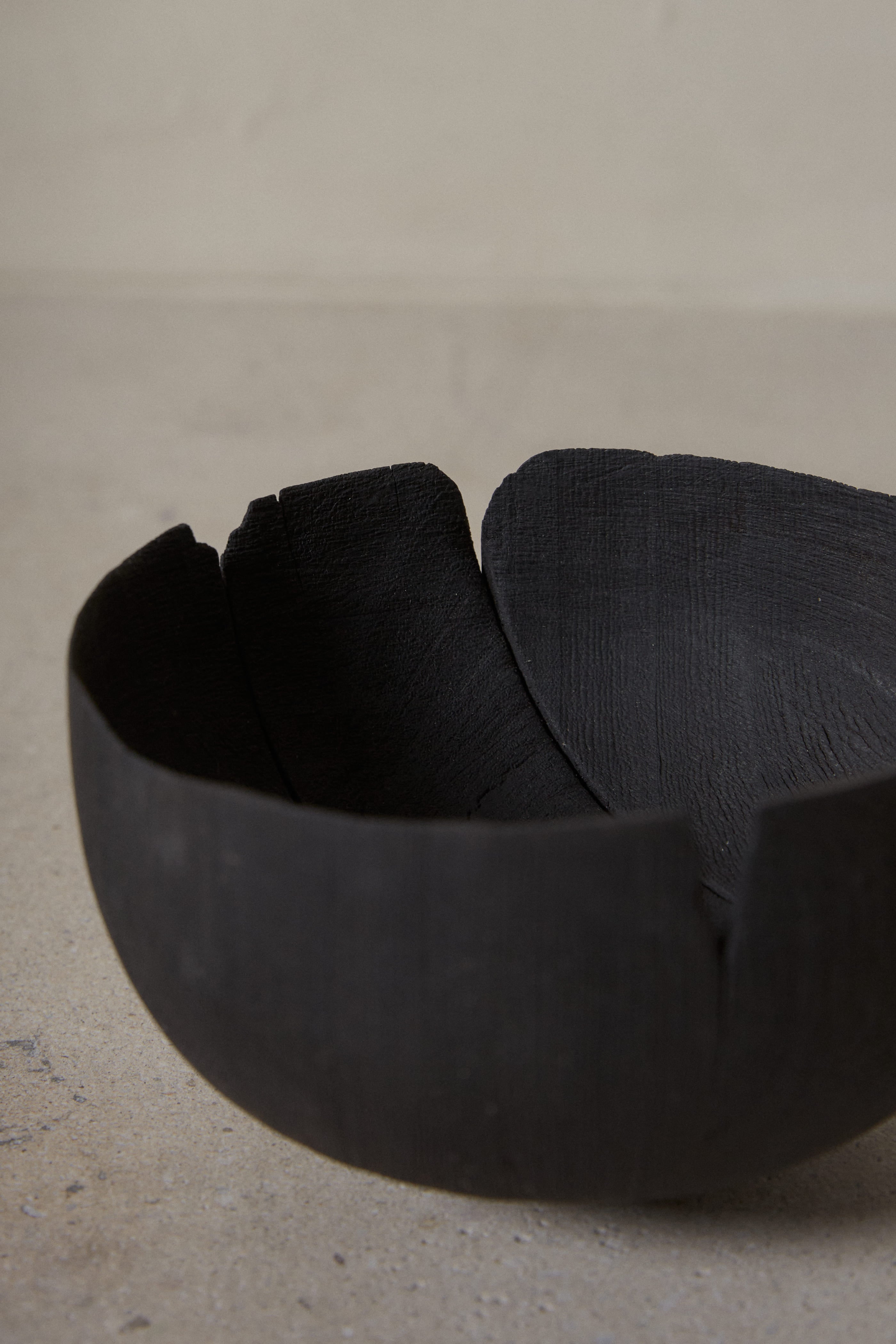 Interior texture and details on footed black Yakisugi Bowl from CARMWORKS.