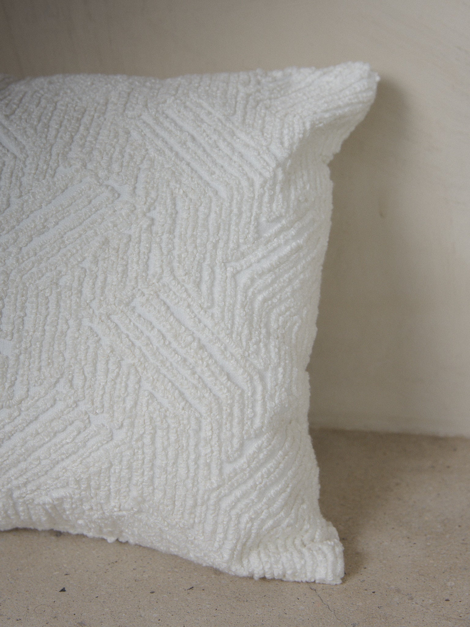 Tamara Pillow. Rare find. Neutral, double-sided lumbar pillow cover with textural geometric boucle yarns in a pure, creamy white.