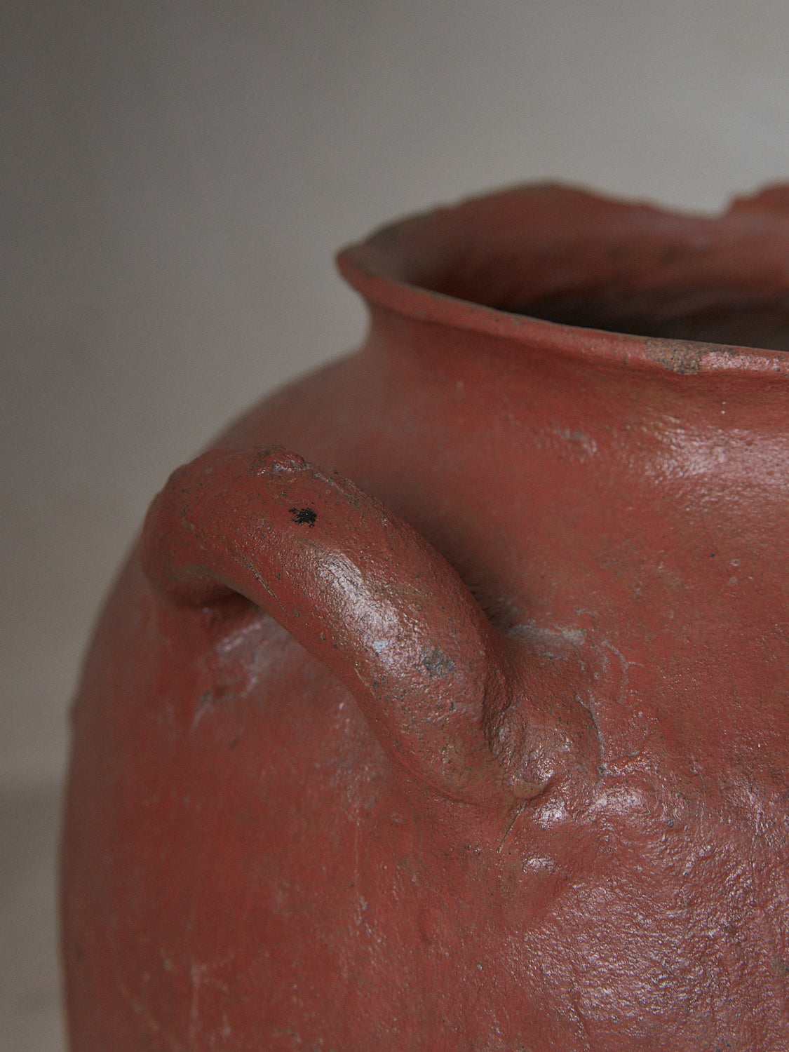 Vase Faris. Rare find. Large antique ceramic vase with round bodice, wide lip and low-sitting handle details at sides.