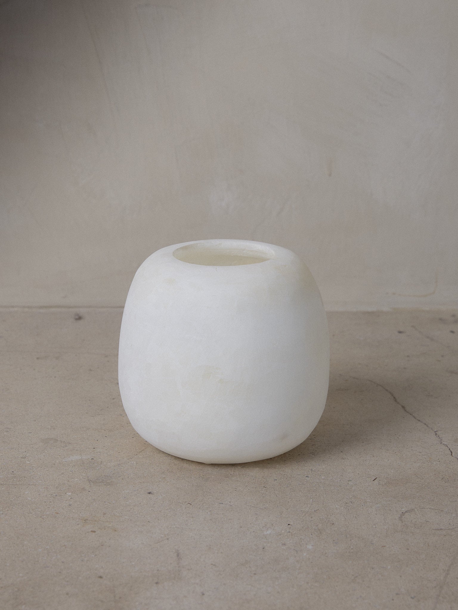 Raw Small Alabaster Lamp. Unique find. Small Egyptian stone vessel hand formed from matte crystallized alabaster in a multi-step carving process for our Raw Collection.