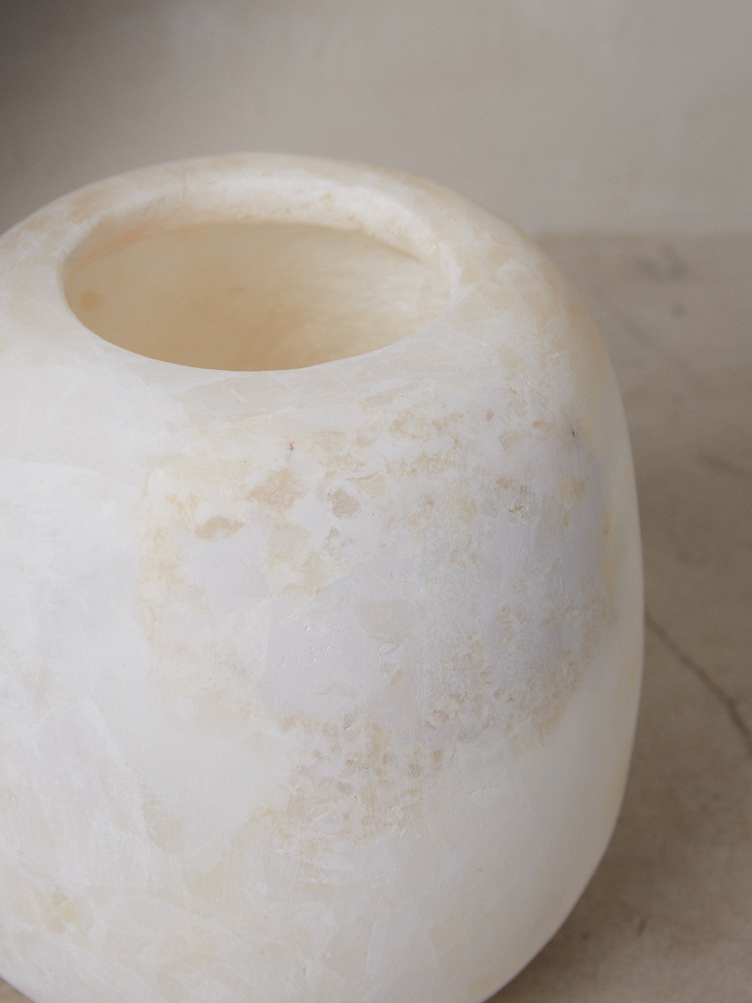 Raw Large Alabaster Vessel. Unique find. Large round Egyptian stone vessel handmade from matte crystallized alabaster for our Raw Collection. 