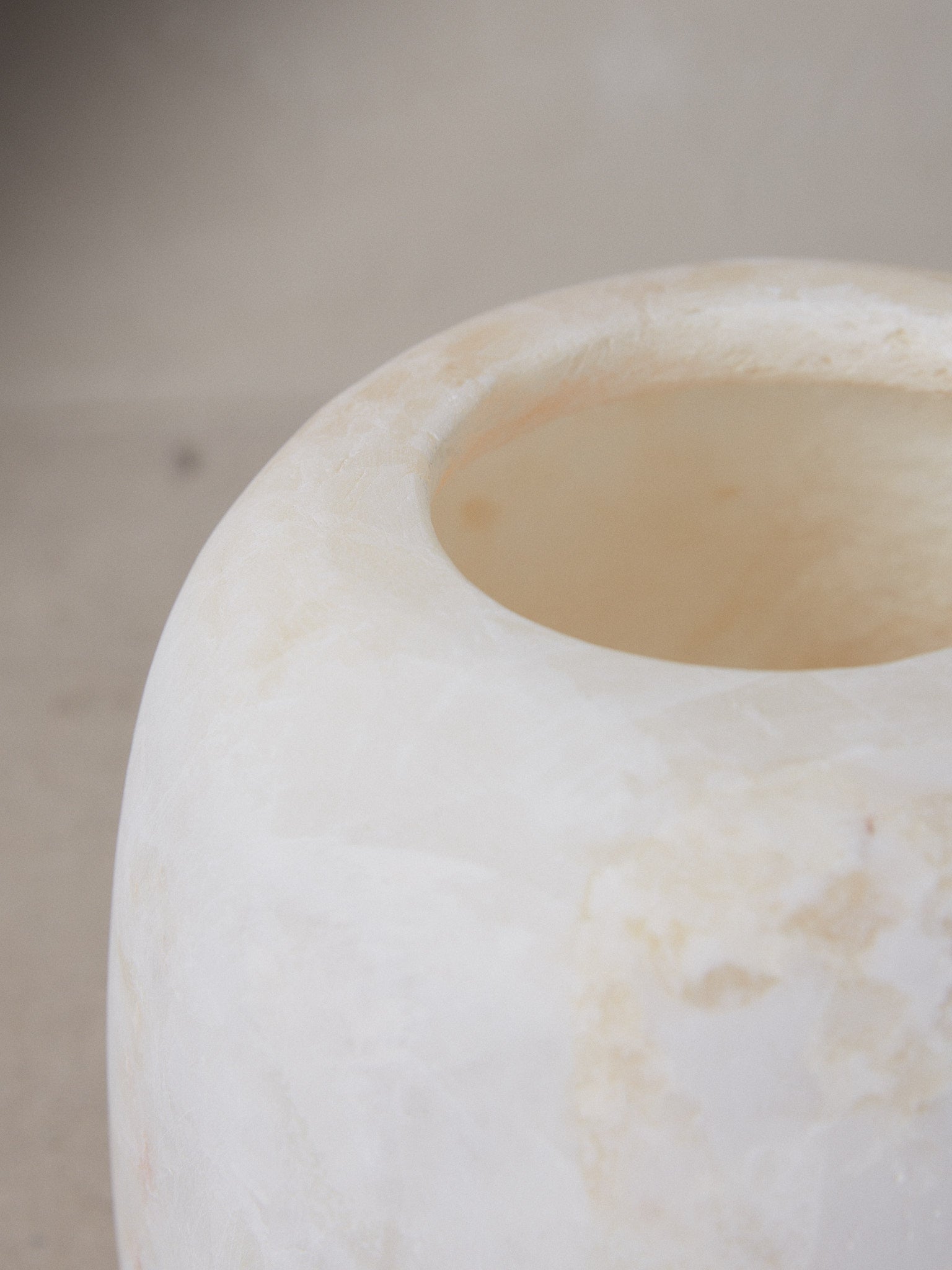 Raw Large Alabaster Vessel. Unique find. Large round Egyptian stone vessel handmade from matte crystallized alabaster for our Raw Collection. 